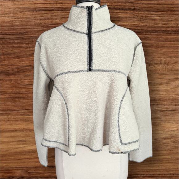 Urban Outfitters Posie Fleece Half Zip Sweatshirt Top Sz M Cropped Ivory & Black - Picture 1 of 8